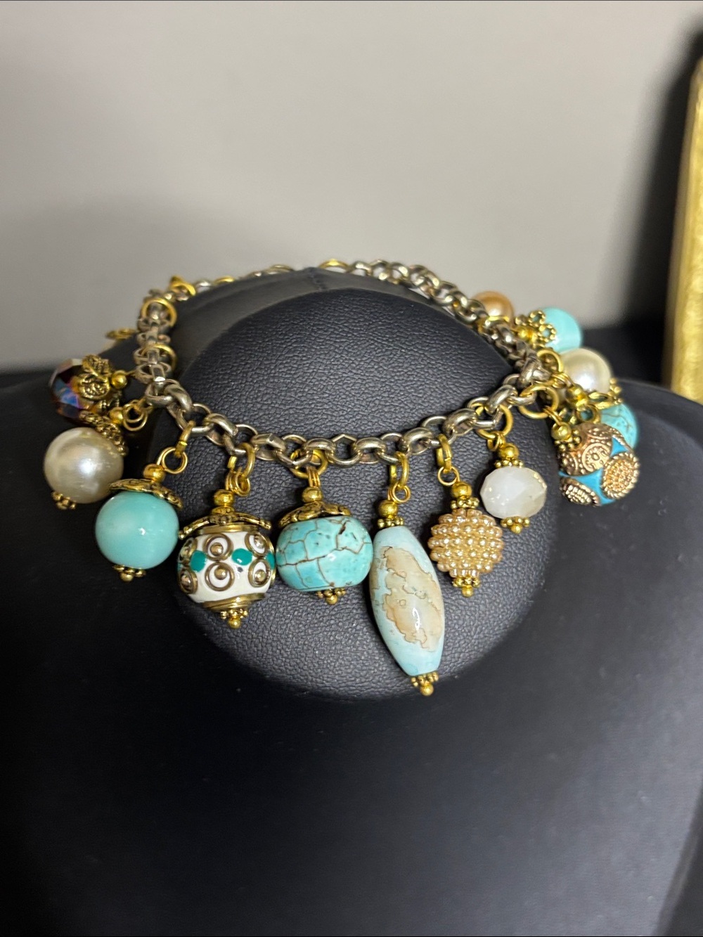 Turquoise Glass Faux Pearl Charm Bracelet Gold Accents Jewelry